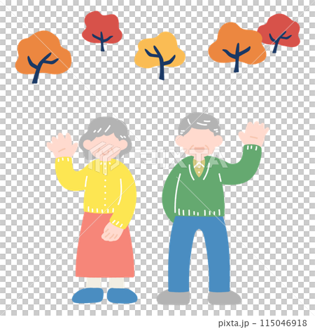 Flat illustration of elderly people raising their hands to say hello Flat illustration of elderly people raising their hands to say hello 115046918