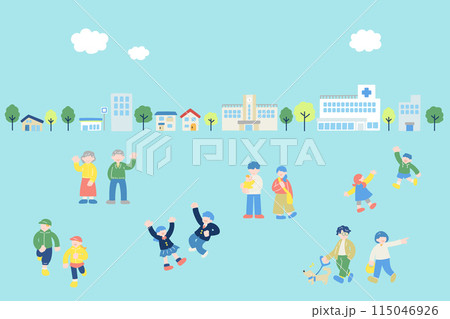 多世代の地域の人々と街並みのフラットなイラスト（セット） 115046926