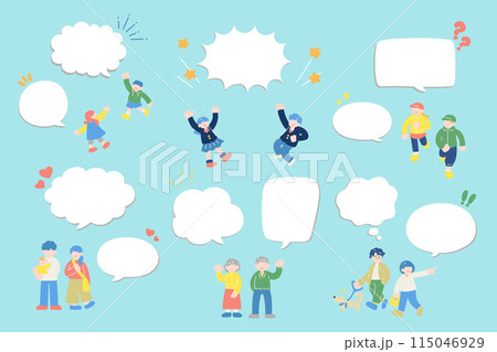 吹き出しとおしゃべりをする多世代の人々のフラットなイラスト(セット) 吹き出しとおしゃべりをする多世代の人々のフラットなイラスト(セット) 115046929