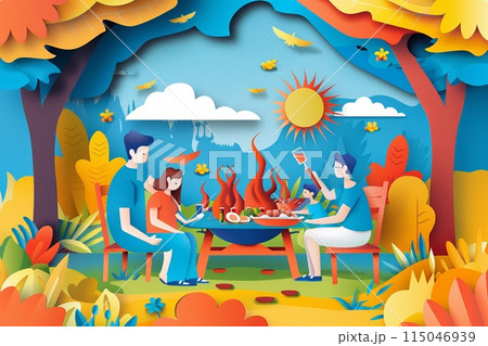 a family enjoying a traditional Argentine barbecue (asado) in a park 115046939