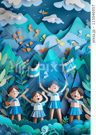 Argentine children making crafts with national symbols for a school event 115046957