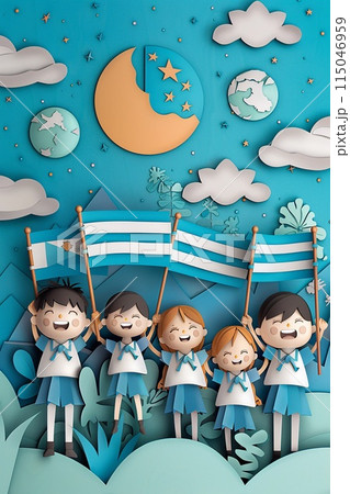 Argentine children making crafts with national symbols for a school event 115046959