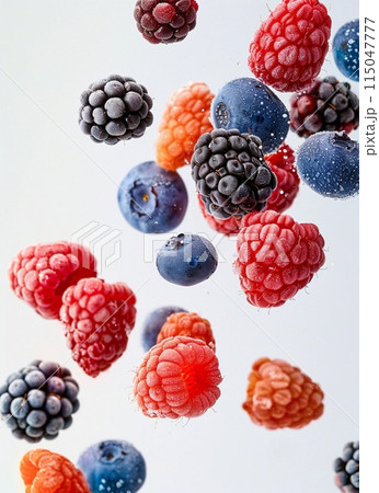 flying frozen colorful berries, light background, levitation food photography 115047777