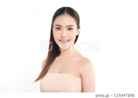 Beautiful young asian woman with clean fresh skin on white background, Face care, Facial treatment, Cosmetology, beauty and spa, Asian women portrait. Beautiful young asian woman with clean fresh skin on white background, Face care, Facial treatment, Cosmetology, beauty and spa, Asian women portrait. 115047890
