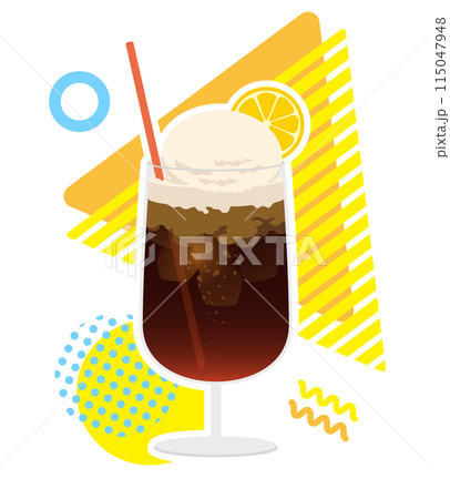 可愛いカラフルポップな背景とレモンが添えられたコーラフロートのイラスト 115047948