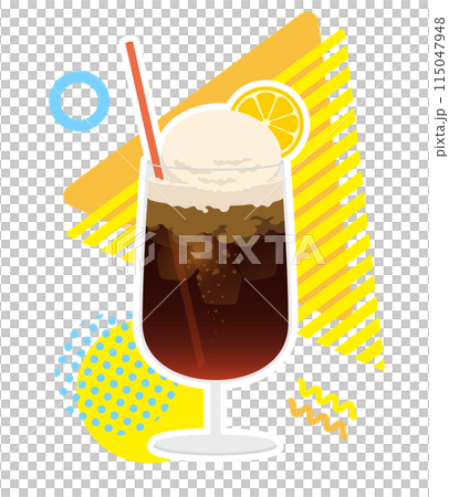 可愛いカラフルポップな背景とレモンが添えられたコーラフロートのイラスト 115047948
