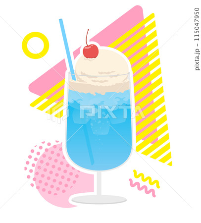 可愛いカラフルポップな背景とさくらんぼが乗ったクリームソーダのイラスト 115047950