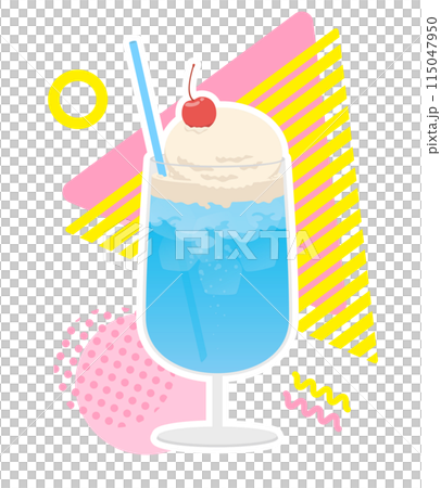 可愛いカラフルポップな背景とさくらんぼが乗ったクリームソーダのイラスト 115047950
