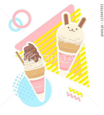 カラフルポップな背景と可愛いアイスのイラスト カラフルポップな背景と可愛いアイスのイラスト 115047953