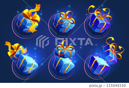 Closed and open blue gift box with ribbon and bow 115048330