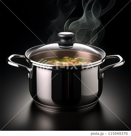 pot, cooking pot, saucepan, kitchenware, cookware, culinary tool, boiling, simmering, stewing, soup making, pasta cooking, steaming, blanching, food preparation, metal or ceramic container, handle, li 115048370