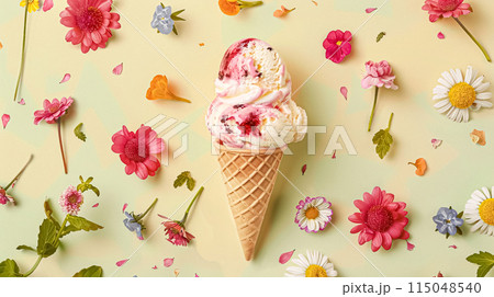 Scoops of ice cream in a waffle cones on a colorful background 115048540