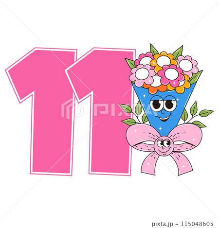 Eleven Happy Birthday party sticker in retro groovy style. Funky walking character and number 11. Vintage mascot psychedelic smile. Vector illustration 115048605