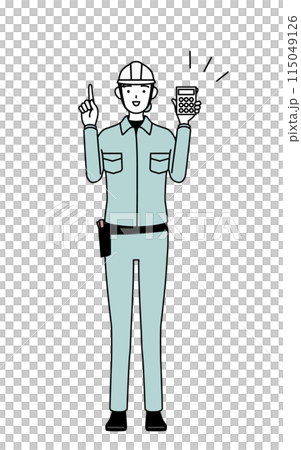 電卓を持って指さすヘルメットと作業着姿の女性技師 115049126