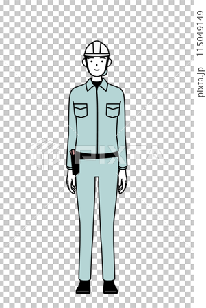 Smiling female engineer wearing a helmet and work clothes facing forward Smiling female engineer wearing a helmet and work clothes facing forward 115049149
