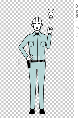 A female engineer in a helmet and work clothes comes up with an idea 115049152