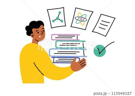 Vector illustration of a student with books and science images, symbolizing learning and education. Flat cartoon style, perfect for academic and classroom themes, showing knowledge and study materials 115049187