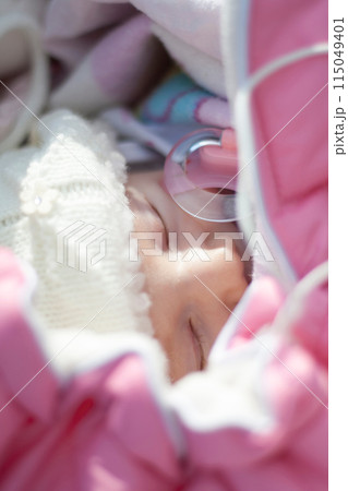 Baby in pink envelope sleeps on a walk Baby in pink envelope sleeps on a walk 115049401