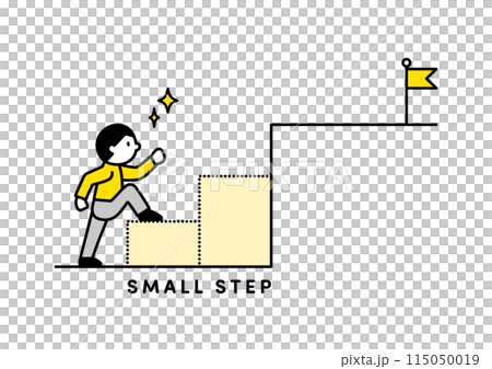Illustration of a cheerful person climbing small steps towards achieving a goal, symbolising steady progress in kindergarten learning