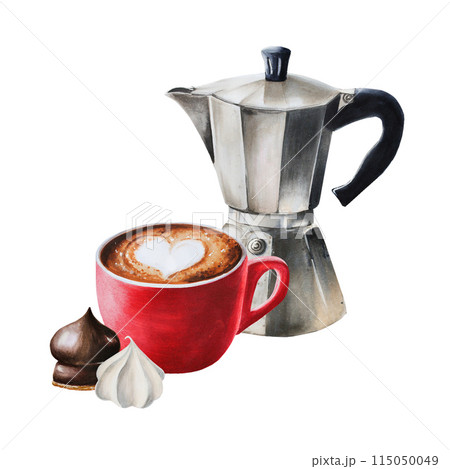 Geyser coffee maker, porcelain cup with cappuccino. Marshmallow in chocolate and meringue. Hand painting watercolor illustration isolated on background. For designers, menu, shop, bar, bistro, 115050049