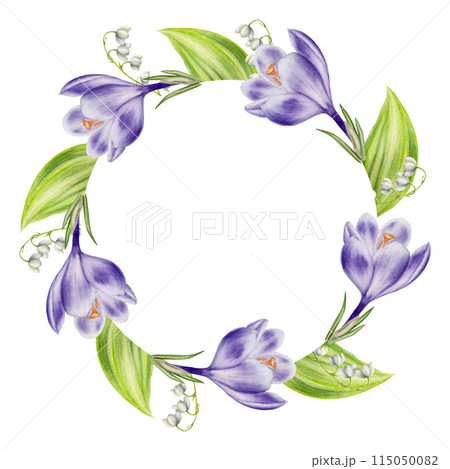 Watercolor frame, wreath, logo, template with bouquet of yellow blooming crocus flowers and leaves isolated on white background. Spring and easter botanical templates, banner. Hand painted saffron Watercolor frame, wreath, logo, template with bouquet of yellow blooming crocus flowers and leaves isolated on white background. Spring and easter botanical templates, banner. Hand painted saffron 115050082