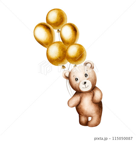 Cute cartoon teddy bear with golden foil balloons on a strings. Hand drawn watercolor baby illustration isolated on white background. Lovely toy for baby and kids new born celebration, designers, 115050087