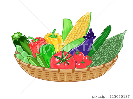 採れたての日本の定番の夏野菜が、かごいっぱいに盛られた、カラフルな