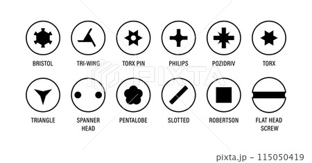 Set of metal screw heads. Stainless steel bolts. Silver nails and rivets. Top view. Vector illustration in flat style. Different hardware elements. Mechanic workshop icons Set of metal screw heads. Stainless steel bolts. Silver nails and rivets. Top view. Vector illustration in flat style. Different hardware elements. Mechanic workshop icons 115050419