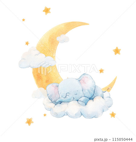 Beautiful childish watercolor hand drawn illustration with cute sleeping baby elephant. Kid's clipart print. Stock baby illustration. Beautiful childish watercolor hand drawn illustration with cute sleeping baby elephant. Kid's clipart print. Stock baby illustration. 115050444