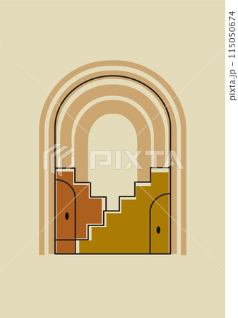 Burnt orange terracotta colors balancing shapes poster. Minimalist aesthetic gates illustration. Burnt orange terracotta colors balancing shapes poster. Minimalist aesthetic gates illustration. 115050674