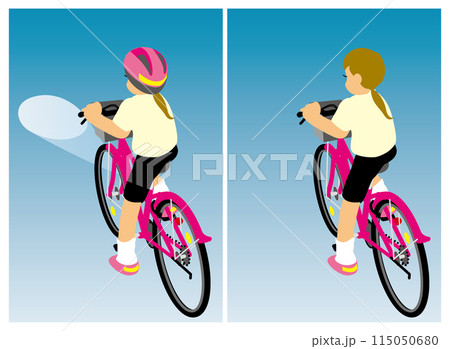 ライトをつけて自転車に乗る女の子の後ろ姿とライトをつけないで自転車に乗る女の子の後ろ姿のセット 115050680