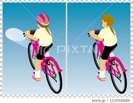 一組開燈騎自行車的女孩背影和不開燈騎自行車的女孩背影。 一組開燈騎自行車的女孩背影和不開燈騎自行車的女孩背影。 115050680