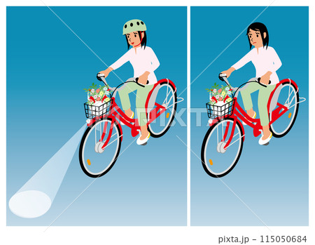 ライトをつけて自転車に乗る女性とライトをつけないで自転車に乗る女性のセット ライトをつけて自転車に乗る女性とライトをつけないで自転車に乗る女性のセット 115050684