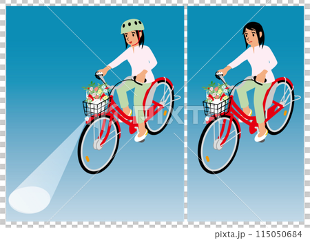 ライトをつけて自転車に乗る女性とライトをつけないで自転車に乗る女性のセット ライトをつけて自転車に乗る女性とライトをつけないで自転車に乗る女性のセット 115050684