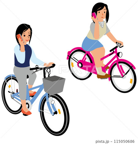スマホで話しながら自転車に乗る若い女性と女子高生 115050686