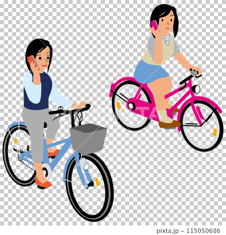 スマホで話しながら自転車に乗る若い女性と女子高生 115050686