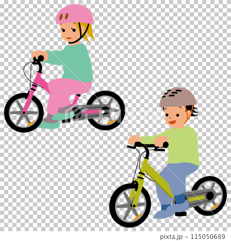 一個女孩和一個男孩戴著頭盔，騎著腳踏板 115050689