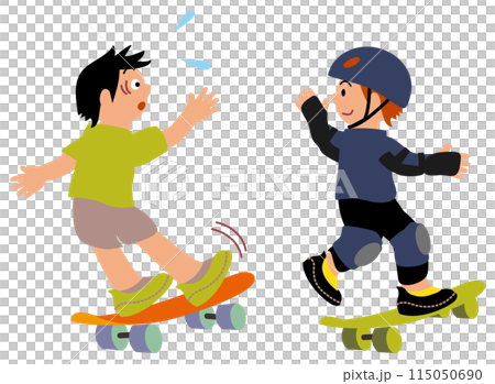 一個孩子在玩滑板時採取了一切預防措施以防止受傷，而一個孩子在沒有採取任何預防措施的情況下失去平衡。 115050690