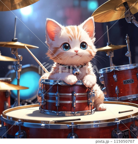 ドラムの上に座って小さなドラムを叩く子猫 115050707