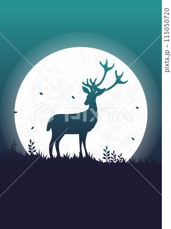 Minimalistic full moon skyscape and doe silhouette. Wildlife animals in nature illustration poster. 115050720