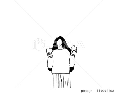みかんとりんごを持った髪の長い女性、線画 みかんとりんごを持った髪の長い女性、線画 115051108