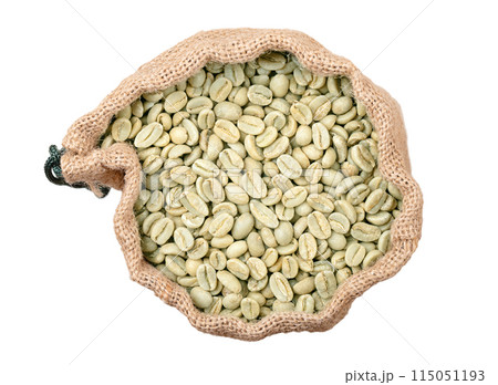 Raw green coffee beans in an opened gunny sack, from above. Unroasted green Arabica coffee beans, seeds of berries from Coffea arabica, also Arabian, mountain or arabica coffee, in an opened jute bag. 115051193
