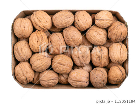 Walnuts in their shells, in a cardboard punnet. Unshelled dried seeds of common walnut tree Juglans regia. Whole nuts with shells, used as snack, for baking and as decoration in cardboard container. Walnuts in their shells, in a cardboard punnet. Unshelled dried seeds of common walnut tree Juglans regia. Whole nuts with shells, used as snack, for baking and as decoration in cardboard container. 115051194