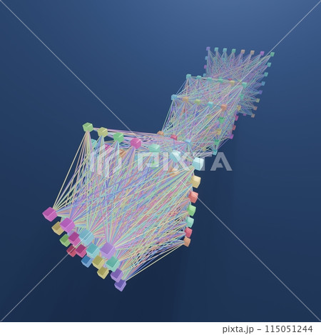 Fully Connected Neural Network Structure Illustrated in a Colorful 3D Digital Artwork, 3D rendering Fully Connected Neural Network Structure Illustrated in a Colorful 3D Digital Artwork, 3D rendering 115051244