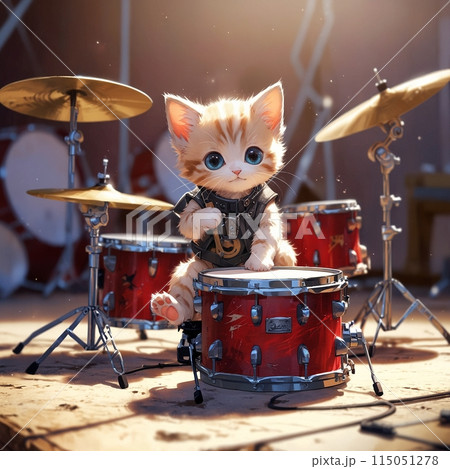 ステージで赤いドラムを叩いている子猫 115051278