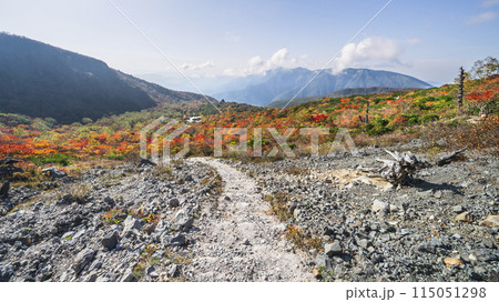 秋の那須岳(茶臼岳) 紅葉する「姥ヶ平」へ続く登山道【栃木県・那須塩原市】 秋の那須岳(茶臼岳) 紅葉する「姥ヶ平」へ続く登山道【栃木県・那須塩原市】 115051298