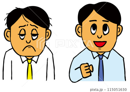 浮かない顔の会社員男性と晴れやかな顔の会社員男性 115051630