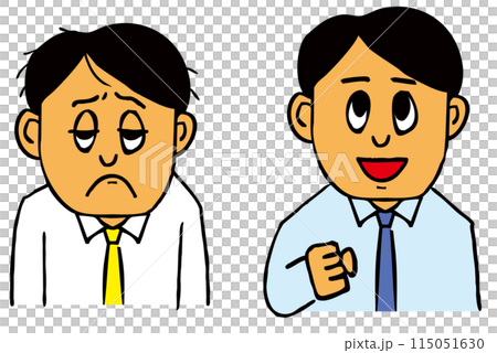 浮かない顔の会社員男性と晴れやかな顔の会社員男性 115051630