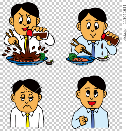 A four-piece set of people who have suffered health problems from using too much soy sauce and people who are healthy from using the right amount A four-piece set of people who have suffered health problems from using too much soy sauce and people who are healthy from using the right amount 115051631