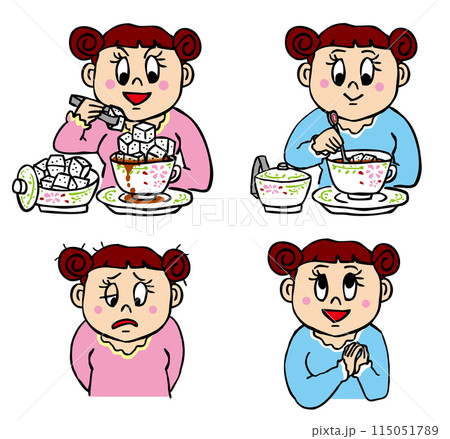 砂糖を摂りすぎて健康を害した人と適量で健康な人4点セット 砂糖を摂りすぎて健康を害した人と適量で健康な人4点セット 115051789